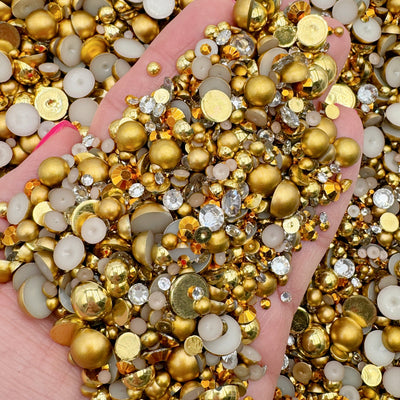 Gold Mixed Sizes Pearl Mix, Flatback Pearls and Rhinestone Mix, AB Flatback Faux Pearls, Resin Rhinestone and Pearl Mixes