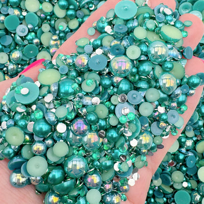 Jade Green Mixed Sizes Pearl Mix, Flatback Pearls and Rhinestone Mix, AB Flatback Faux Pearls, Resin Rhinestone and Pearl Mixes