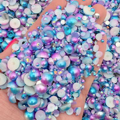 Purple Turquoise Mixed Sizes Pearl Mix, Flatback Pearls and Rhinestone Mix, AB Flatback Faux Pearls, Resin Rhinestone and Pearl Mixes