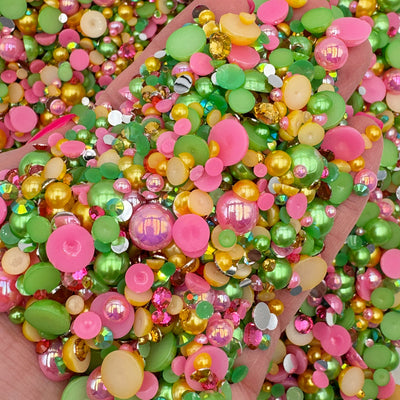 Pink Pineapple Mixed Sizes Pearl Mix, Flatback Pearls and Rhinestone Mix, AB Flatback Faux Pearls, Resin Rhinestone and Pearl Mixes