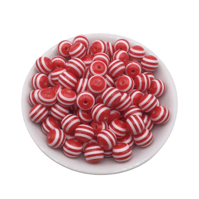 12mm Red Stripe Bubblegum Beads 50pcs