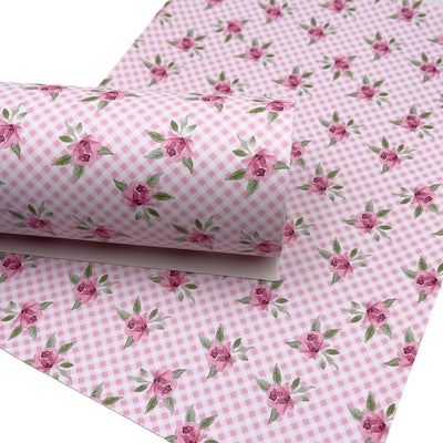 Pink Gingham Floral Premium Printed Faux Leather