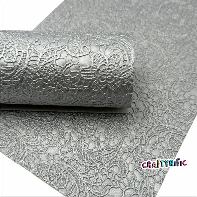 Silver Floral Embossed Faux Leather Sheets, PVC Faux Leather Sheet, Embroidery Sewing Vinyl, Vegan Leatherette