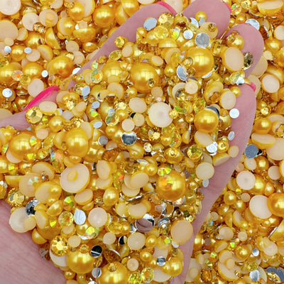 Amber Yellow Mixed Sizes Pearl Mix, Flatback Pearls and Rhinestone Mix, AB Flatback Faux Pearls, Resin Rhinestone and Pearl Mixes