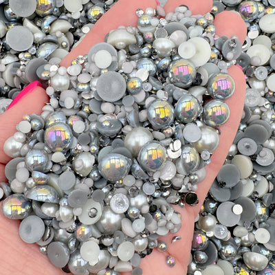Gray Mixed Sizes Pearl Mix, Flatback Pearls and Rhinestone Mix, AB Flatback Faux Pearls, Resin Rhinestone and Pearl Mixes