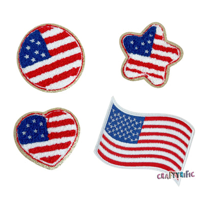 Star and Stripes Chenille Iron On Patch for Hats and Bags, 4th of July Patches, Heart Shaped Flag Chenille Patch, Star Shaped Flag Patch