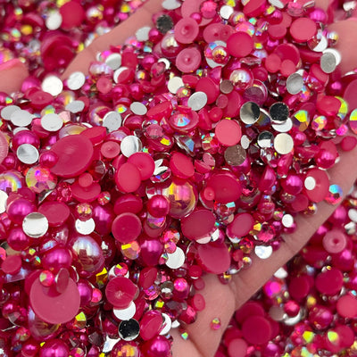 Wild Berry Pearl Mix, Flatback Pearls and Rhinestone Mix, Sizes Range 3MM-10MM, Flatback Jelly Resin, Faux Pearls Mix, Mixed Sizes
